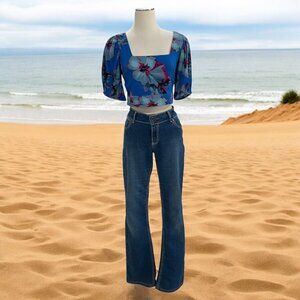 Band Of The Free Floral Smocked Crop Top Puff Sleeve Open Back Boho Y2K Retro